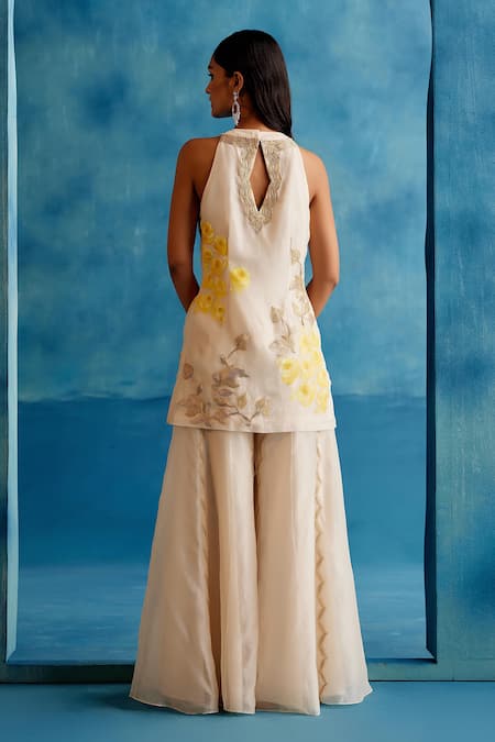 Shop Devnaagri Ivory Silk Organza, Georgette Vintage Bloom Hand Painted And Kurta Sharara Set at Aza Fashions Shop_Devnaagri_Ivory Silk Organza, Georgette Vintage Bloom Hand Painted And Kurta Sharara Set _at_Aza_Fashions