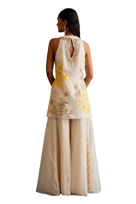 Devnaagri Ivory Silk Organza, Georgette Vintage Bloom Hand Painted And Kurta Sharara Set Online at Aza Fashions Devnaagri_Ivory Silk Organza, Georgette Vintage Bloom Hand Painted And Kurta Sharara Set _Online_at_Aza_Fashions