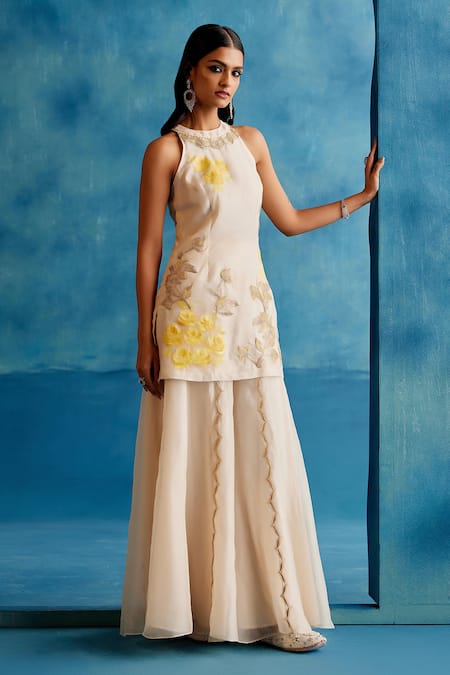 Buy Devnaagri Ivory Silk Organza, Georgette Vintage Bloom Hand Painted And Kurta Sharara Set Online at Aza Fashions Buy_Devnaagri_Ivory Silk Organza, Georgette Vintage Bloom Hand Painted And Kurta Sharara Set _Online_at_Aza_Fashions