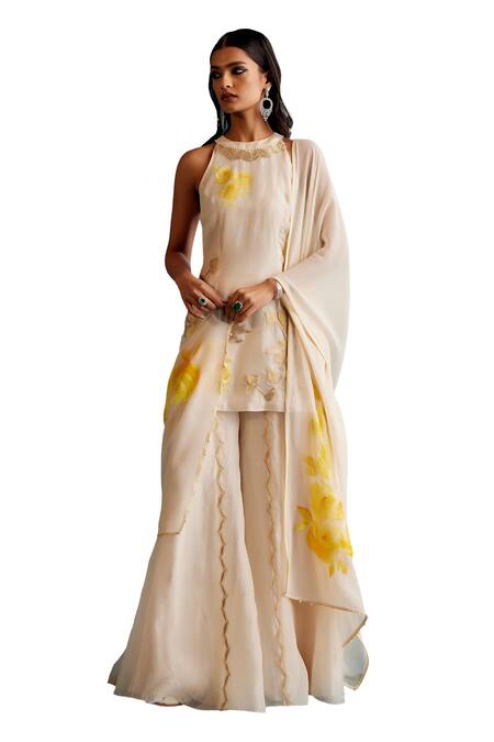 Shop Devnaagri Ivory Silk Organza, Georgette Vintage Bloom Hand Painted And Kurta Sharara Set Online at Aza Fashions Shop_Devnaagri_Ivory Silk Organza, Georgette Vintage Bloom Hand Painted And Kurta Sharara Set _Online_at_Aza_Fashions