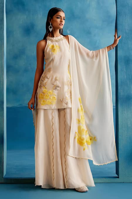 Devnaagri Ivory Silk Organza, Georgette Vintage Bloom Hand Painted And Kurta Sharara Set at Aza Fashions Devnaagri_Ivory Silk Organza, Georgette Vintage Bloom Hand Painted And Kurta Sharara Set _at_Aza_Fashions