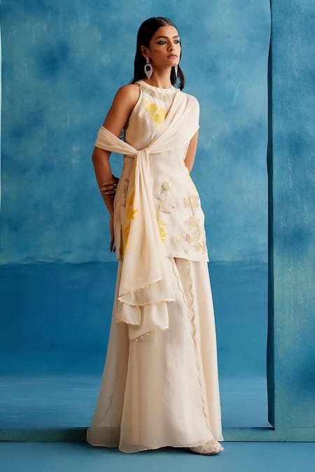 Shop Devnaagri Ivory Silk Organza, Georgette Vintage Bloom Hand Painted And Kurta Sharara Set Shop_Devnaagri_Ivory Silk Organza, Georgette Vintage Bloom Hand Painted And Kurta Sharara Set