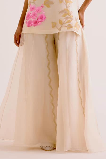 Devnaagri Ivory Silk Organza, Georgette Vintage Pansy Hand Painted And Kurta Sharara Set Online at Aza Fashions Devnaagri_Ivory Silk Organza, Georgette Vintage Pansy Hand Painted And Kurta Sharara Set _Online_at_Aza_Fashions