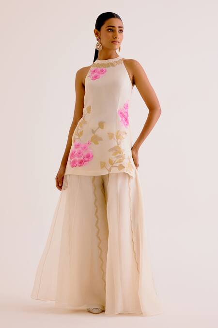 Buy Devnaagri Ivory Silk Organza, Georgette Vintage Pansy Hand Painted And Kurta Sharara Set Online at Aza Fashions Buy_Devnaagri_Ivory Silk Organza, Georgette Vintage Pansy Hand Painted And Kurta Sharara Set _Online_at_Aza_Fashions