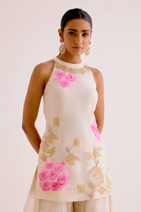 Shop Devnaagri Ivory Silk Organza, Georgette Vintage Pansy Hand Painted And Kurta Sharara Set Online at Aza Fashions Shop_Devnaagri_Ivory Silk Organza, Georgette Vintage Pansy Hand Painted And Kurta Sharara Set _Online_at_Aza_Fashions