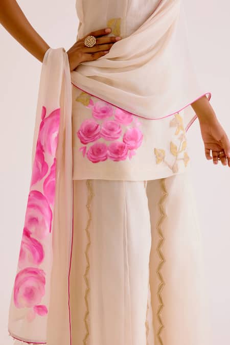 Devnaagri Ivory Silk Organza, Georgette Vintage Pansy Hand Painted And Kurta Sharara Set at Aza Fashions Devnaagri_Ivory Silk Organza, Georgette Vintage Pansy Hand Painted And Kurta Sharara Set _at_Aza_Fashions