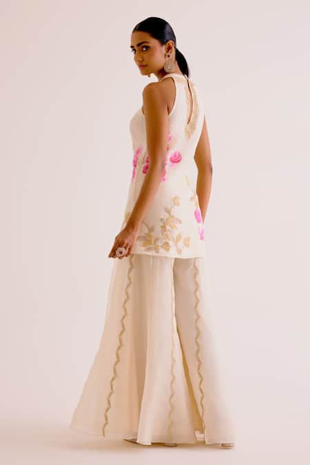 Shop Devnaagri Ivory Silk Organza, Georgette Vintage Pansy Hand Painted And Kurta Sharara Set at Aza Fashions Shop_Devnaagri_Ivory Silk Organza, Georgette Vintage Pansy Hand Painted And Kurta Sharara Set _at_Aza_Fashions