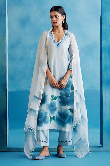 Devnaagri Blue Kota Silk Hand Painted Thread V Neck Embroidered Kurta Palazzo Set 