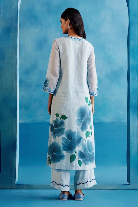 Shop Devnaagri Blue Kota Doria, Silk, Satin Embroidery, Zari Hand Painted Kurta Palazzo Set at Aza Fashions Shop_Devnaagri_Blue Kota Doria, Silk, Satin Embroidery, Zari Hand Painted Kurta Palazzo Set _at_Aza_Fashions