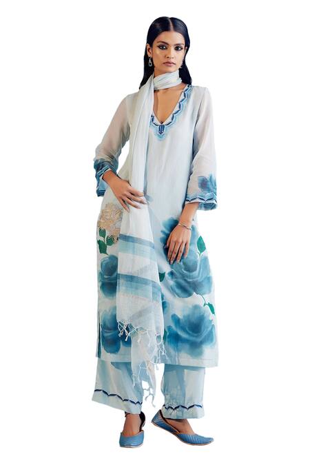 Devnaagri Blue Kota Doria, Silk, Satin Embroidery, Zari Hand Painted Kurta Palazzo Set Online at Aza Fashions Devnaagri_Blue Kota Doria, Silk, Satin Embroidery, Zari Hand Painted Kurta Palazzo Set _Online_at_Aza_Fashions