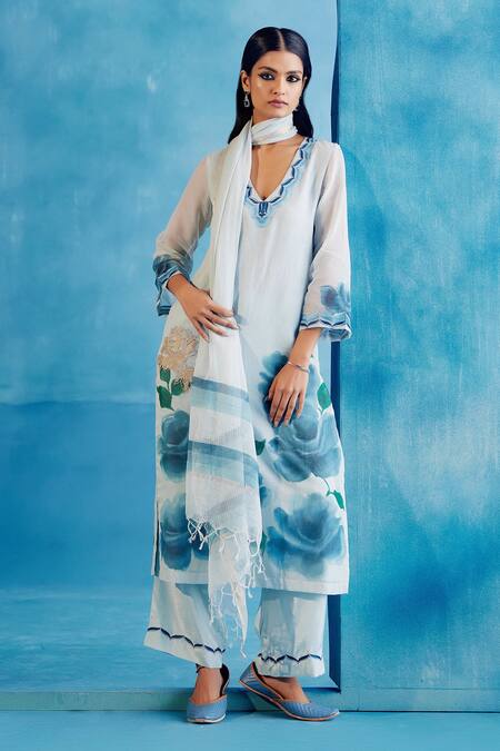 Buy Devnaagri Blue Kota Doria, Silk, Satin Embroidery, Zari Hand Painted Kurta Palazzo Set Online at Aza Fashions Buy_Devnaagri_Blue Kota Doria, Silk, Satin Embroidery, Zari Hand Painted Kurta Palazzo Set _Online_at_Aza_Fashions