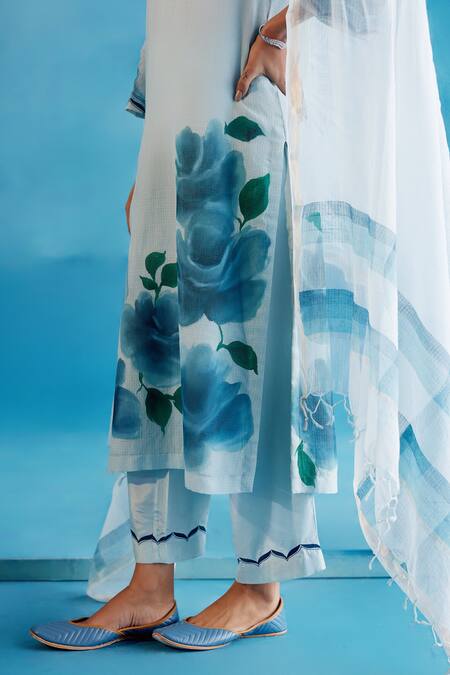 Shop Devnaagri Blue Kota Doria, Silk, Satin Embroidery, Zari Hand Painted Kurta Palazzo Set Online at Aza Fashions Shop_Devnaagri_Blue Kota Doria, Silk, Satin Embroidery, Zari Hand Painted Kurta Palazzo Set _Online_at_Aza_Fashions