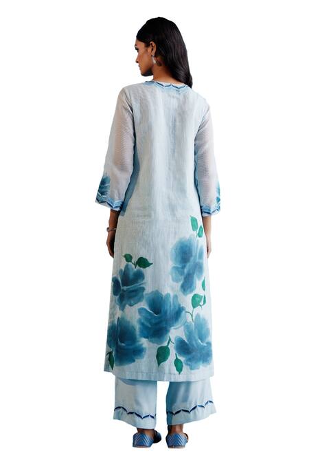 Buy Devnaagri Blue Kota Doria, Silk, Satin Embroidery, Zari Hand Painted Kurta Palazzo Set Buy_Devnaagri_Blue Kota Doria, Silk, Satin Embroidery, Zari Hand Painted Kurta Palazzo Set