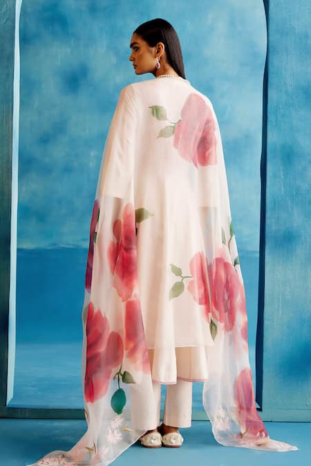 Shop_Devnaagri_Pink Silk Organza, Silk, Chanderi Embroidery V-neck Kalidar Kurta Pant Set _at_Aza_Fashions