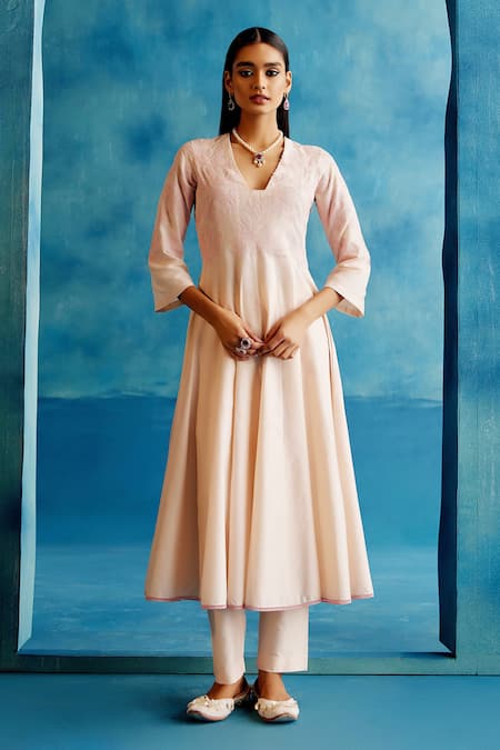 Buy_Devnaagri_Pink Silk Organza, Silk, Chanderi Embroidery V-neck Kalidar Kurta Pant Set _Online_at_Aza_Fashions