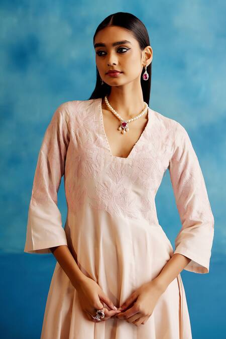 Devnaagri_Pink Silk Organza, Silk, Chanderi Embroidery V-neck Kalidar Kurta Pant Set _at_Aza_Fashions