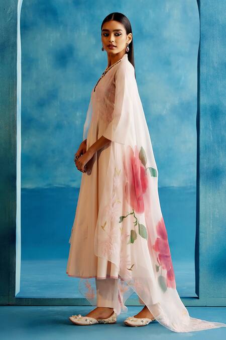 Shop_Devnaagri_Pink Silk Organza, Silk, Chanderi Embroidery V-neck Kalidar Kurta Pant Set 