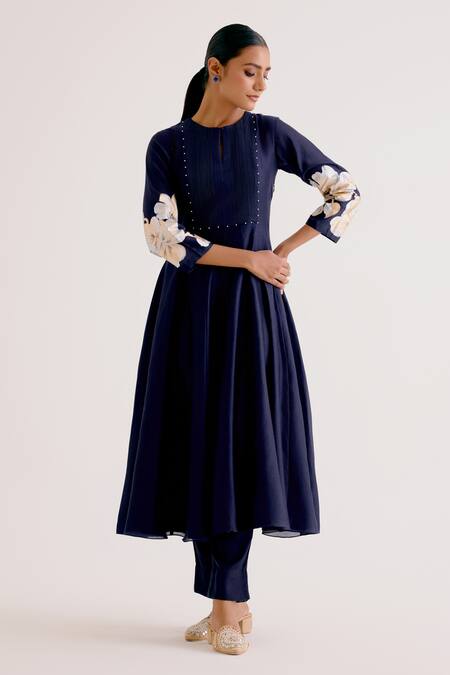 Devnaagri_Blue Silk Organza, Silk, Chanderi Embroidery Thread Kalidar Kurta Pant Set _Online_at_Aza_Fashions