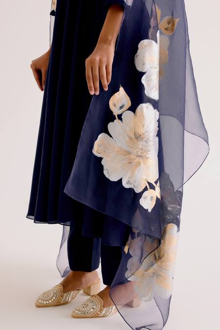 Buy_Devnaagri_Blue Silk Organza, Silk, Chanderi Embroidery Thread Kalidar Kurta Pant Set _Online_at_Aza_Fashions