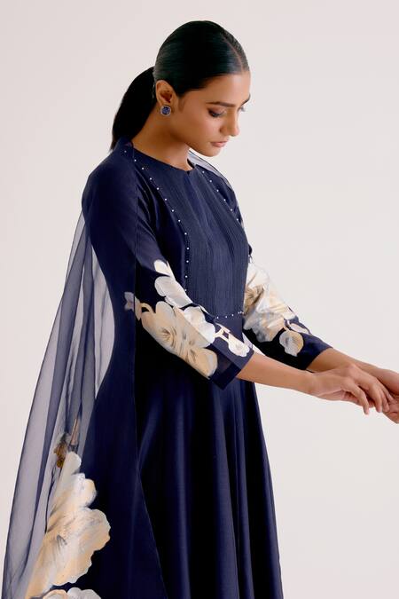 Shop_Devnaagri_Blue Silk Organza, Silk, Chanderi Embroidery Thread Kalidar Kurta Pant Set _Online_at_Aza_Fashions