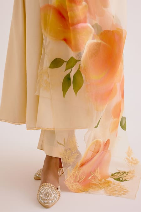 Shop Devnaagri Yellow Silk Organza, Silk, Chanderi Embroidery Kalidar Kurta Slim Pant Set Online at Aza Fashions Shop_Devnaagri_Yellow Silk Organza, Silk, Chanderi Embroidery Kalidar Kurta Slim Pant Set _Online_at_Aza_Fashions