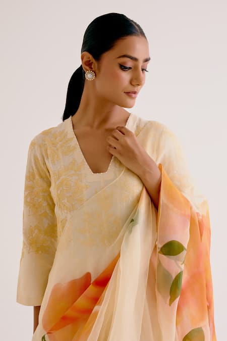 Devnaagri Yellow Silk Organza, Silk, Chanderi Embroidery Kalidar Kurta Slim Pant Set at Aza Fashions Devnaagri_Yellow Silk Organza, Silk, Chanderi Embroidery Kalidar Kurta Slim Pant Set _at_Aza_Fashions