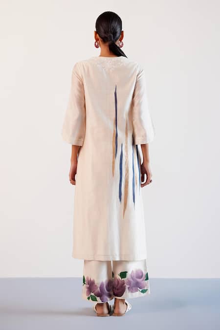 Shop Devnaagri Beige Silk Organza, Silk, Chanderi Embroidery Hand Painted Kurta Palazzo Set at Aza Fashions Shop_Devnaagri_Beige Silk Organza, Silk, Chanderi Embroidery Hand Painted Kurta Palazzo Set _at_Aza_Fashions