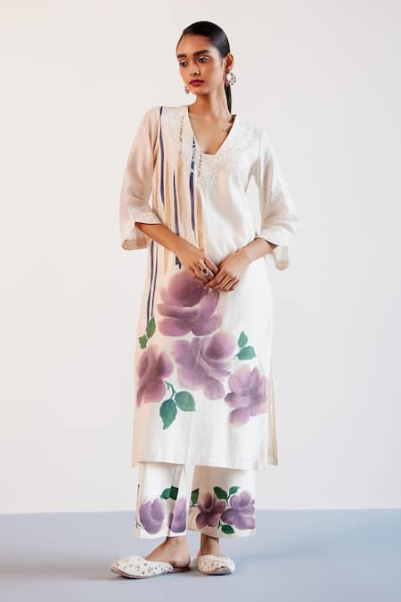 Devnaagri Beige Silk Organza, Silk, Chanderi Embroidery Hand Painted Kurta Palazzo Set Online at Aza Fashions Devnaagri_Beige Silk Organza, Silk, Chanderi Embroidery Hand Painted Kurta Palazzo Set _Online_at_Aza_Fashions