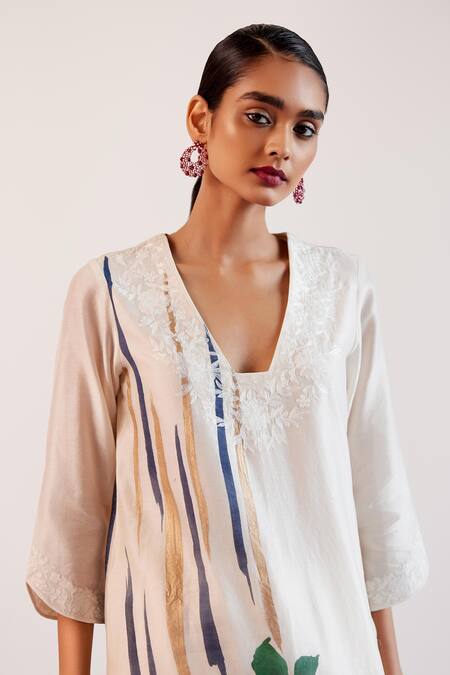 Devnaagri Beige Silk Organza, Silk, Chanderi Embroidery Hand Painted Kurta Palazzo Set at Aza Fashions Devnaagri_Beige Silk Organza, Silk, Chanderi Embroidery Hand Painted Kurta Palazzo Set _at_Aza_Fashions