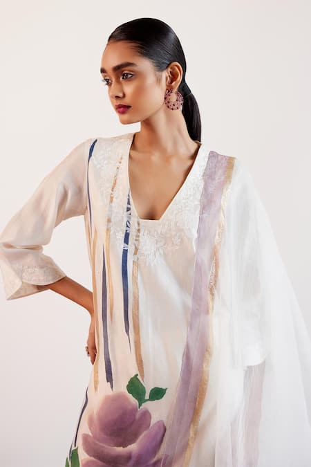 Buy Devnaagri Beige Silk Organza, Silk, Chanderi Embroidery Hand Painted Kurta Palazzo Set Buy_Devnaagri_Beige Silk Organza, Silk, Chanderi Embroidery Hand Painted Kurta Palazzo Set