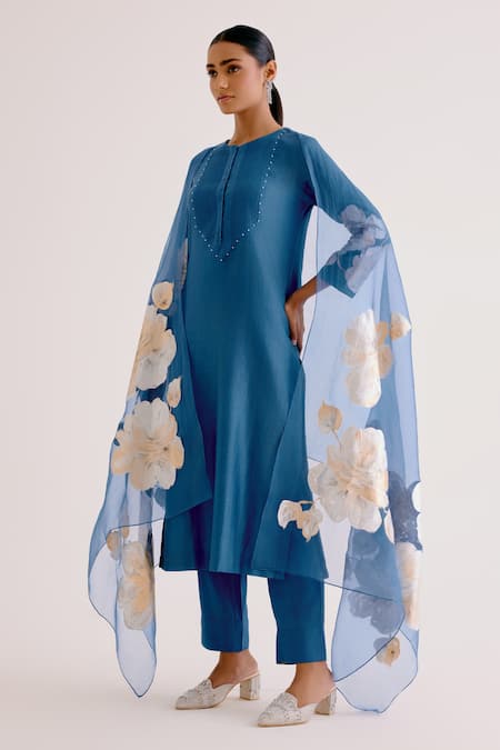 Shop_Devnaagri_Blue Silk Organza, Silk, Chanderi Embroidery Round Anchor Thread Kurta Pant Set _Online_at_Aza_Fashions
