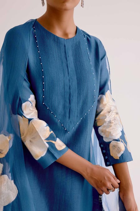 Devnaagri_Blue Silk Organza, Silk, Chanderi Embroidery Round Anchor Thread Kurta Pant Set _at_Aza_Fashions