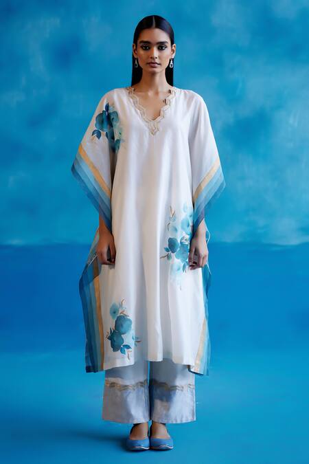 Devnaagri_Ivory Silk, Chanderi Zari, Embroidery V-neck Kaftan Pant Set _Online_at_Aza_Fashions