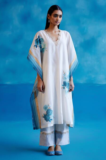 Buy_Devnaagri_Ivory Silk, Chanderi Zari, Embroidery V-neck Kaftan Pant Set _Online_at_Aza_Fashions