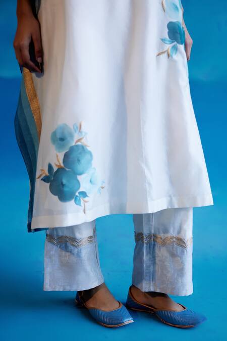 Shop_Devnaagri_Ivory Silk, Chanderi Zari, Embroidery V-neck Kaftan Pant Set _Online_at_Aza_Fashions