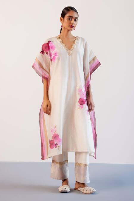 Devnaagri_Ivory Silk, Chanderi Embroidery, Zari V-neck Kaftan Pant Set _Online_at_Aza_Fashions