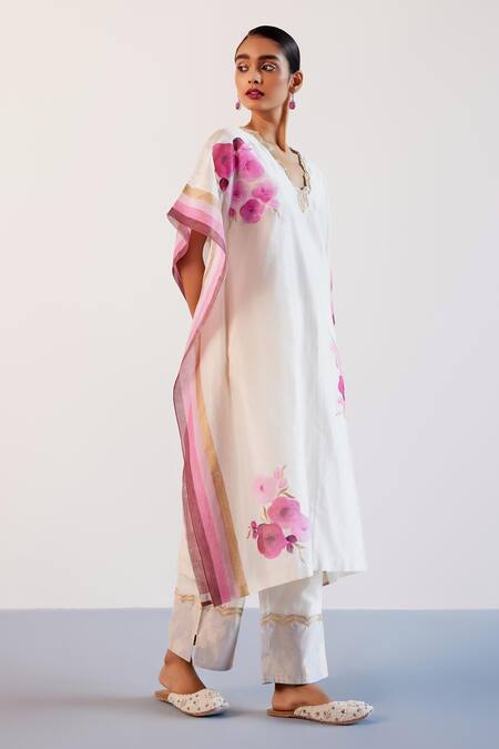Buy_Devnaagri_Ivory Silk, Chanderi Embroidery, Zari V-neck Kaftan Pant Set _Online_at_Aza_Fashions