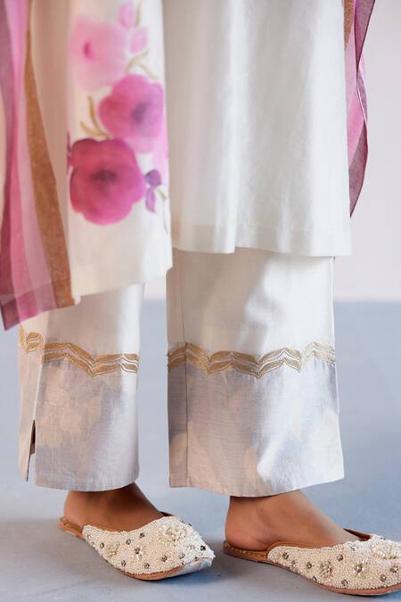 Shop_Devnaagri_Ivory Silk, Chanderi Embroidery, Zari V-neck Kaftan Pant Set _Online_at_Aza_Fashions