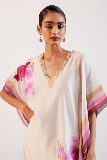 Devnaagri_Ivory Silk, Chanderi Embroidery, Zari V-neck Kaftan Pant Set _at_Aza_Fashions