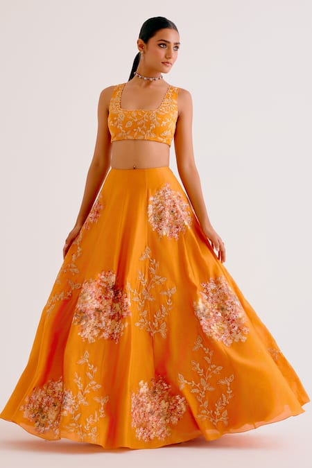 Devnaagri_Orange Cotton Satin, , Organza Zari, Chanderi Hand Painted Lehenga Set _Online_at_Aza_Fashions