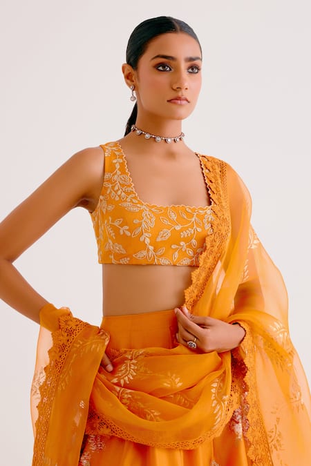 Shop_Devnaagri_Orange Cotton Satin, , Organza Zari, Chanderi Hand Painted Lehenga Set _Online_at_Aza_Fashions