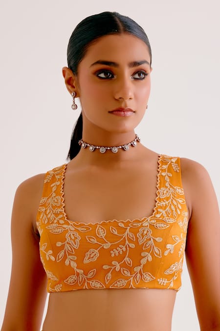 Devnaagri_Orange Cotton Satin, , Organza Zari, Chanderi Hand Painted Lehenga Set _at_Aza_Fashions