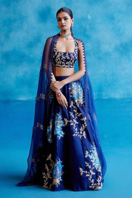 Devnaagri_Blue , Cotton, Chanderi, Organza Zari, Hand Painted Lehenga Set _Online_at_Aza_Fashions