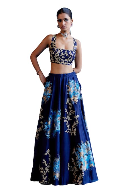 Shop_Devnaagri_Blue , Cotton, Chanderi, Organza Zari, Hand Painted Lehenga Set _Online_at_Aza_Fashions
