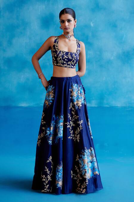 Devnaagri_Blue , Cotton, Chanderi, Organza Zari, Hand Painted Lehenga Set _at_Aza_Fashions