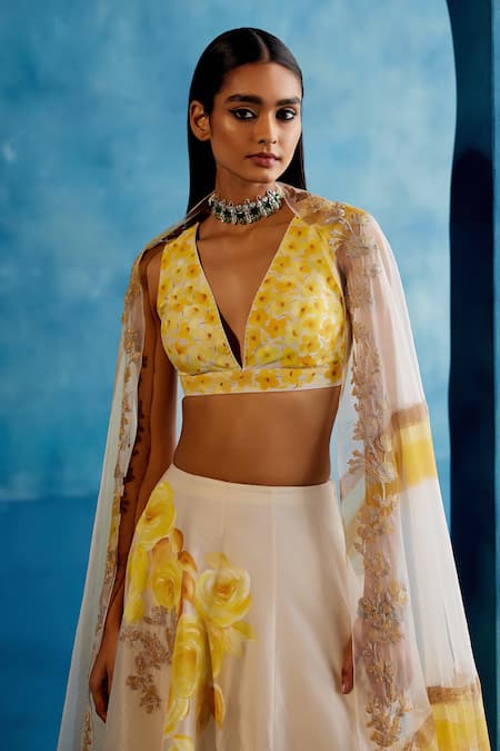 Shop Devnaagri Ivory Cotton, , Organza Zari Hand Painted Embroidered Lehenga Set Online at Aza Fashions Shop_Devnaagri_Ivory Cotton, , Organza Zari Hand Painted Embroidered Lehenga Set _Online_at_Aza_Fashions