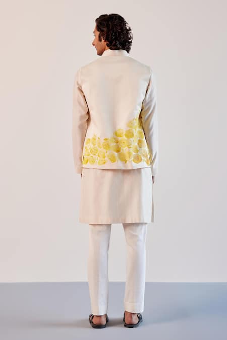 Devnaagri_Ivory Silk, Chanderi, Linen, Tussar Bloom Hand Painted Bundi Kurta Set _Online_at_Aza_Fashions