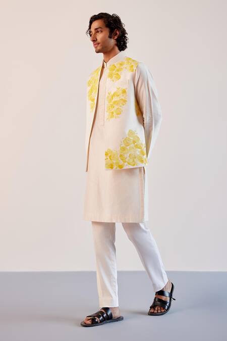 Shop_Devnaagri_Ivory Silk, Chanderi, Linen, Tussar Bloom Hand Painted Bundi Kurta Set _Online_at_Aza_Fashions
