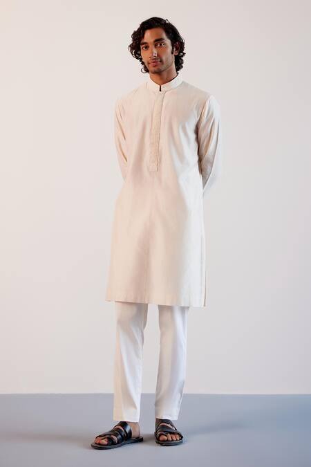 Devnaagri_Ivory Silk, Chanderi, Linen, Tussar Bloom Hand Painted Bundi Kurta Set _at_Aza_Fashions