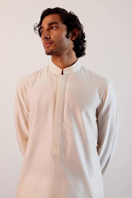 Buy_Devnaagri_Ivory Silk, Chanderi, Linen, Tussar Bloom Hand Painted Bundi Kurta Set 